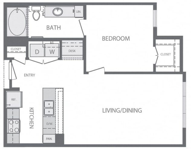 Rendering of the A1 1Bed 1Bath floor plan with 1 bedroom[s] and 1 bathroom[s] at Windsor at West University