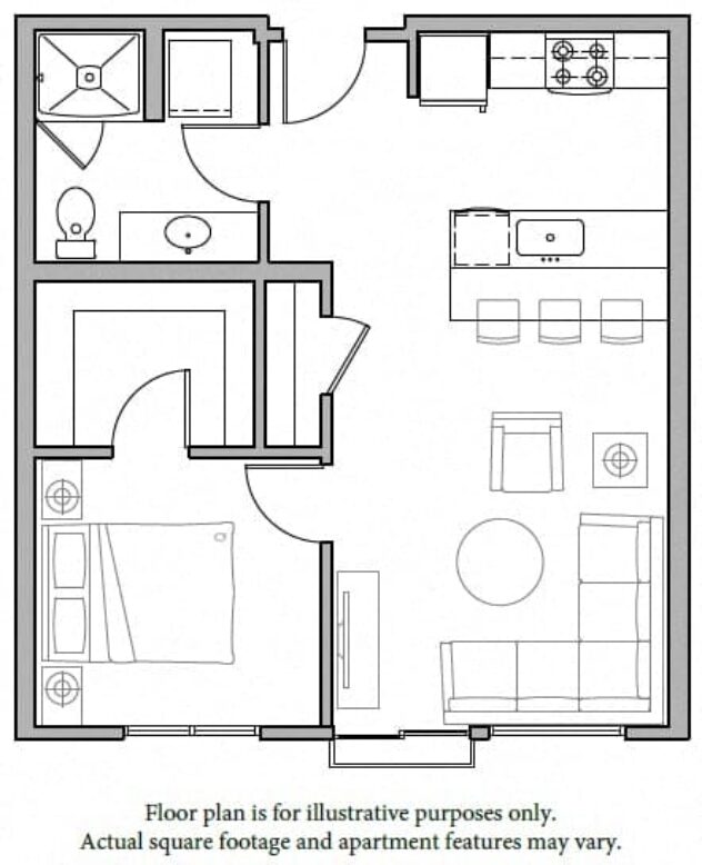 Rendering of the A1 1Bed North floor plan with 1 bedroom[s] and 1 bathroom[s] at The Whittaker