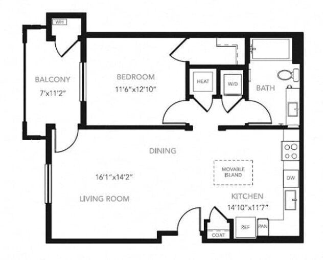 Rendering of the A1 floor plan with 1 bedroom[s] and 1 bathroom[s] at Blu Harbor by Windsor