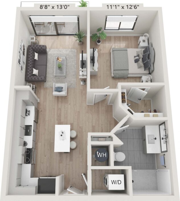 Rendering of the A1 floor plan with 1 bedroom[s] and 1 bathroom[s] at Céntrico by Windsor