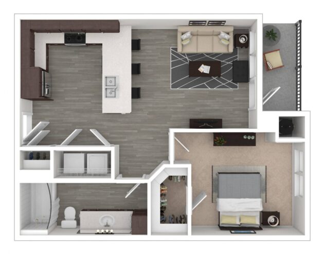 Rendering of the A1 floor plan with 1 bedroom[s] and 1 bathroom[s] at Centric LoHi by Windsor