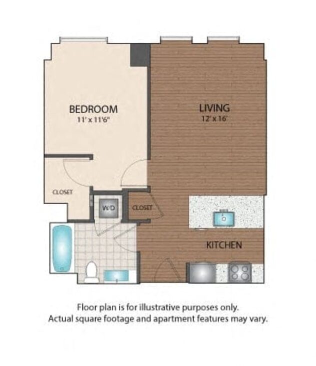 Rendering of the A1 floor plan with 1 bedroom[s] and 1 bathroom[s] at The Victor by Windsor