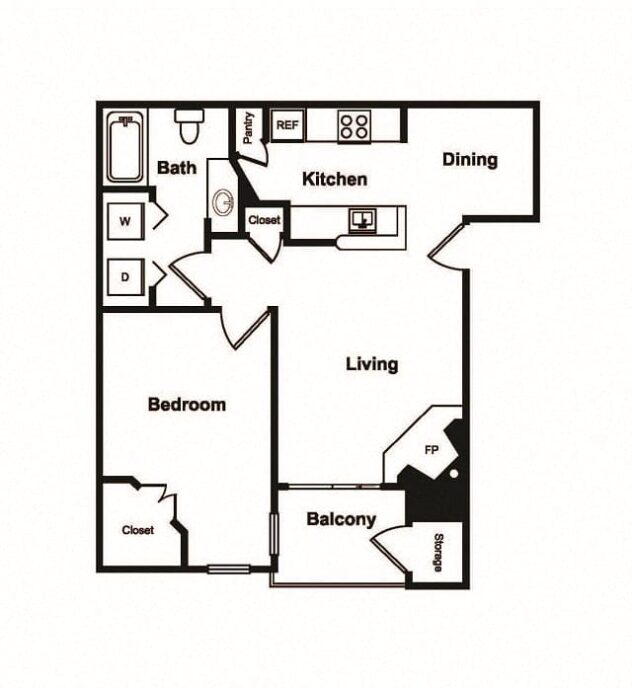 Rendering of the A1 floor plan with 1 bedroom[s] and 1 bathroom[s] at Windsor on White Rock Lake