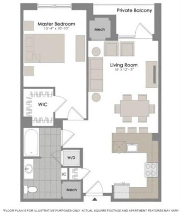 Rendering of the A1 floor plan with 1 bedroom[s] and 1 bathroom[s] at Twenty50 by Windsor