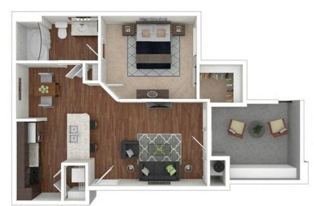 Rendering of the A1 floor plan with 1 bedroom[s] and 1 bathroom[s] at Retreat at the Flatirons