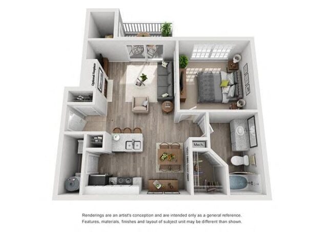 Rendering of the A1 floor plan with 1 bedroom[s] and 1 bathroom[s] at Windsor Addison Park