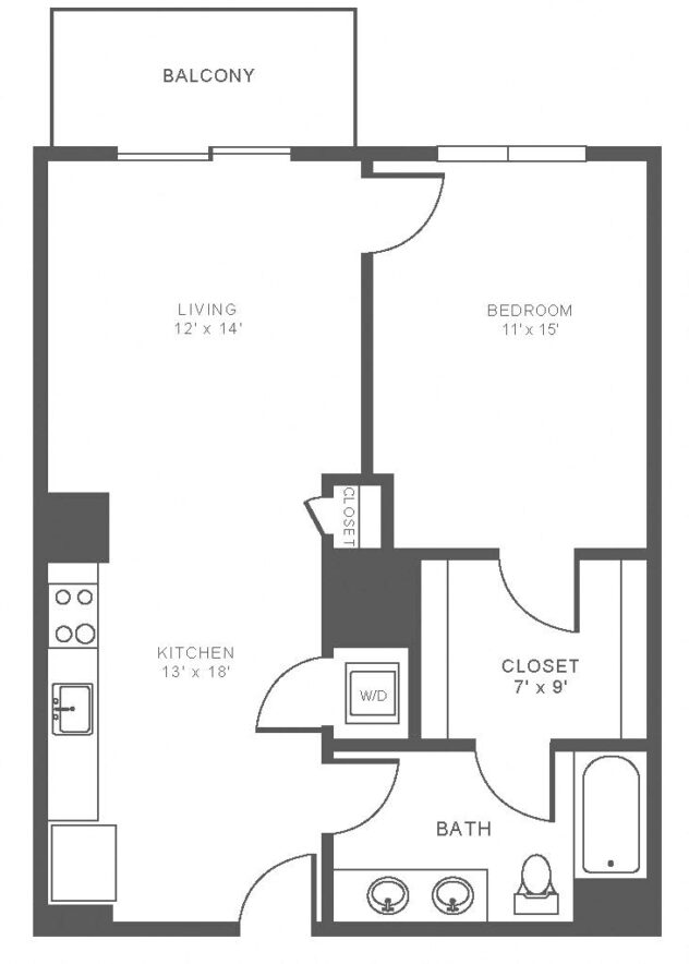 Rendering of the A1 floor plan with 1 bedroom[s] and 1 bathroom[s] at Windsor at Hopkinton