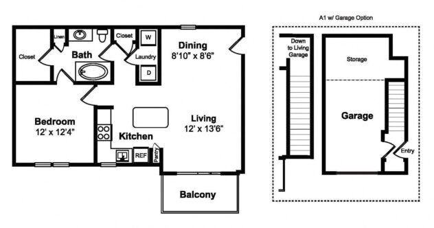 Rendering of the A1 floor plan with 1 bedroom[s] and 1 bathroom[s] at Windsor at Legacy