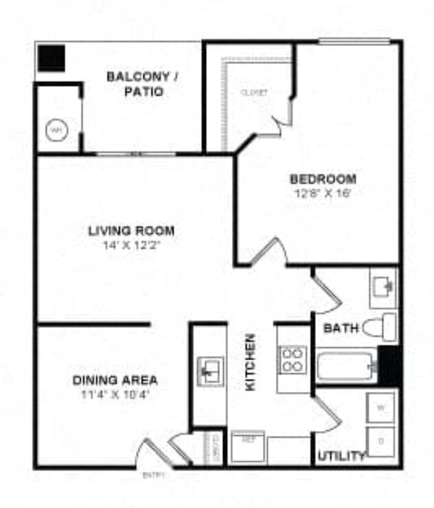 Rendering of the A1 floor plan with 1 bedroom[s] and 1 bathroom[s] at Windsor at Main Place