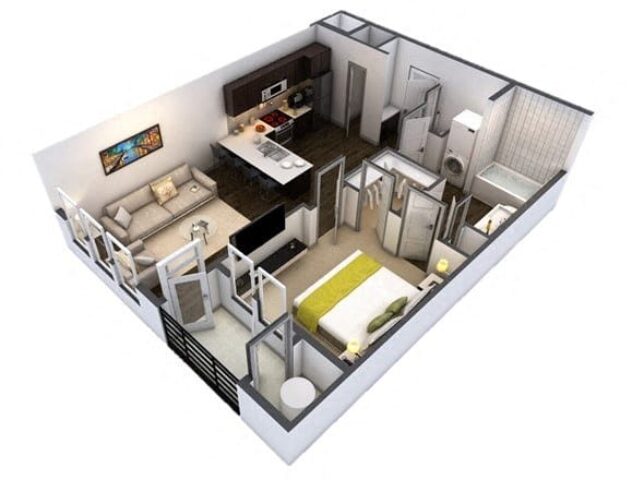 Rendering of the A1 floor plan with 1 bedroom[s] and 1 bathroom[s] at Windsor at Pinehurst