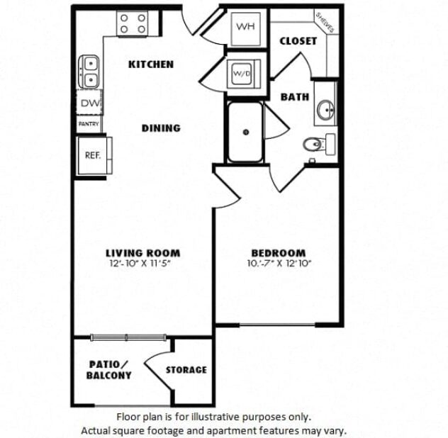 Rendering of the A1 floor plan with 1 bedroom[s] and 1 bathroom[s] at Windsor Burnet