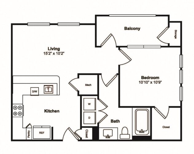 Rendering of the A1 floor plan with 1 bedroom[s] and 1 bathroom[s] at Windsor Castle Hills