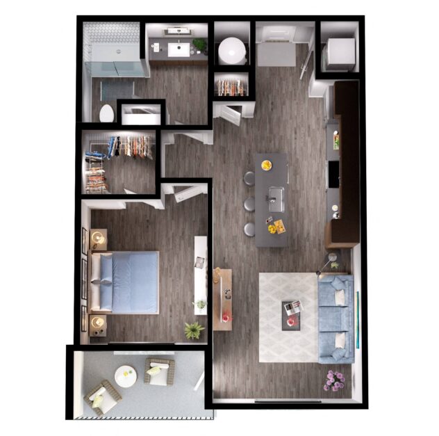 Rendering of the A1 floor plan with 1 bedroom[s] and 1 bathroom[s] at Windsor Interlock