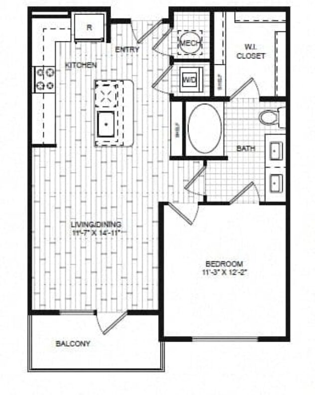 Rendering of the A1 floor plan with 1 bedroom[s] and 1 bathroom[s] at Windsor Old Fourth Ward