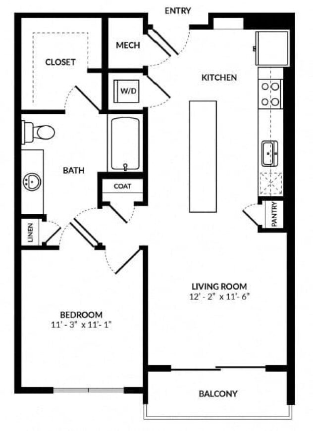 Rendering of the A1 floor plan with 1 bedroom[s] and 1 bathroom[s] at Windsor Preston