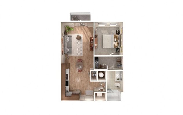 Rendering of the A1 floor plan with 1 bedroom[s] and 1 bathroom[s] at Windsor South Congress