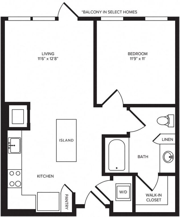 Rendering of the A1 floor plan with 1 bedroom[s] and 1 bathroom[s] at Windsor Turtle Creek