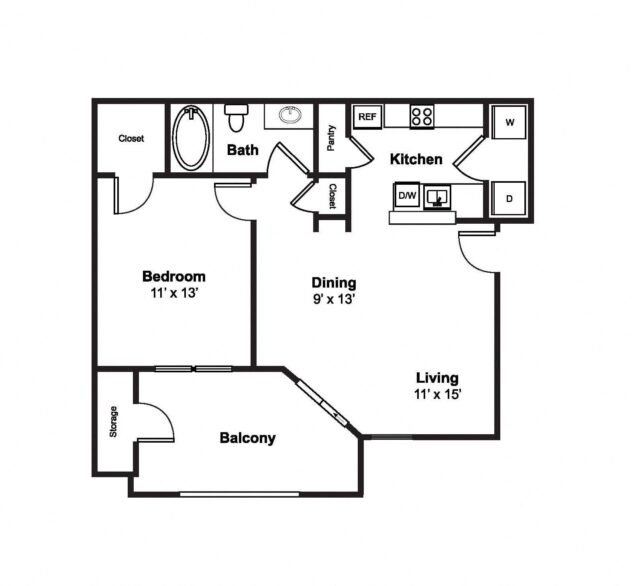 Rendering of the A1 floor plan with 1 bedroom[s] and 1 bathroom[s] at Windsor Westbridge