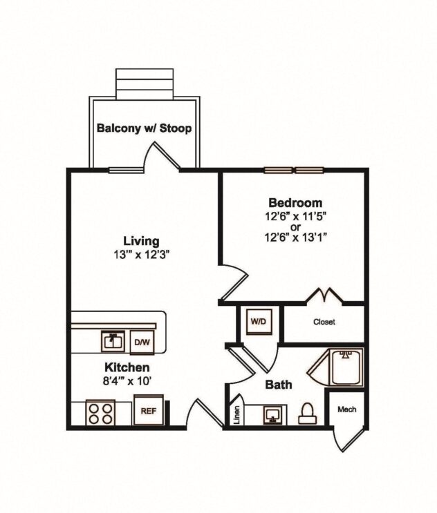 Rendering of the A1 floor plan with 1 bedroom[s] and 1 bathroom[s] at Yaupon by Windsor