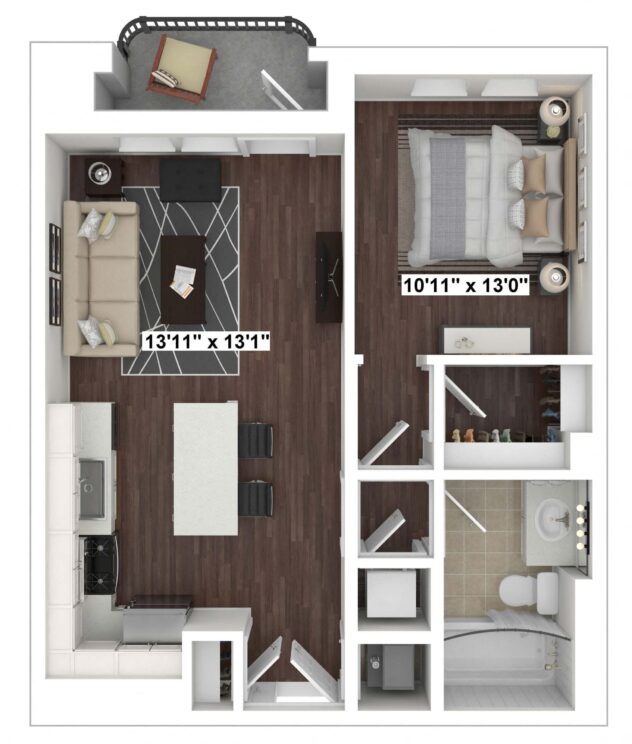 Rendering of the A1 floor plan with 1 bedroom[s] and 1 bathroom[s] at The Woodley