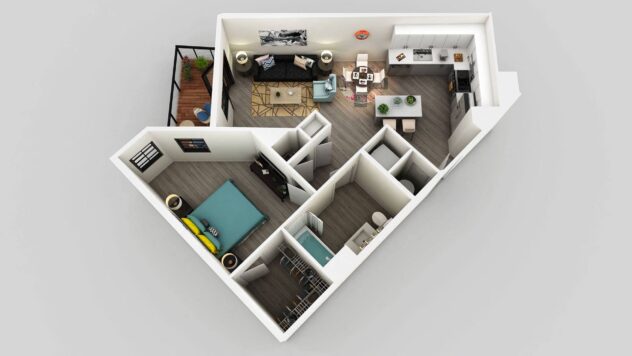 Rendering of the A1 floor plan with 1 bedroom[s] and 1 bathroom[s] at Edison on the Charles by Windsor