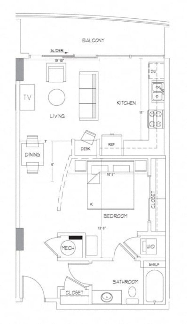 Rendering of the A1 floor plan with 1 bedroom[s] and 1 bathroom[s] at Glass House by Windsor