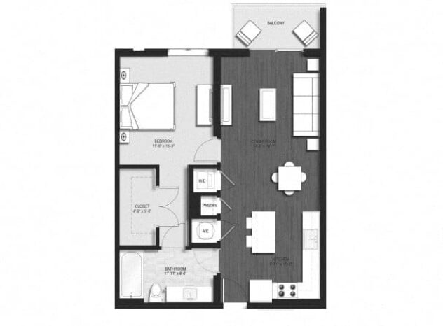 Rendering of the A1 floor plan with 1 bedroom[s] and 1 bathroom[s] at Allure by Windsor