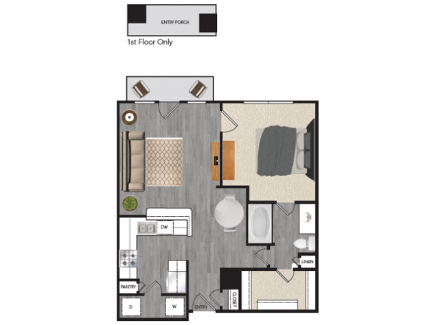 Rendering of the A1 floor plan with 1 bedroom[s] and 1 bathroom[s] at Windsor Mustang Park