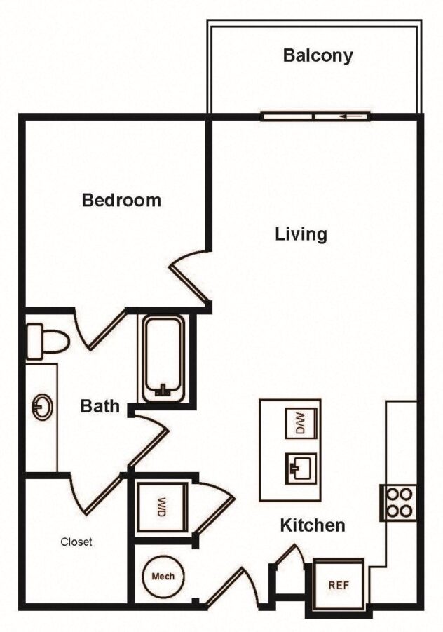 Rendering of the A1 floor plan with 1 bedroom[s] and 1 bathroom[s] at Stadium Walk By Windsor