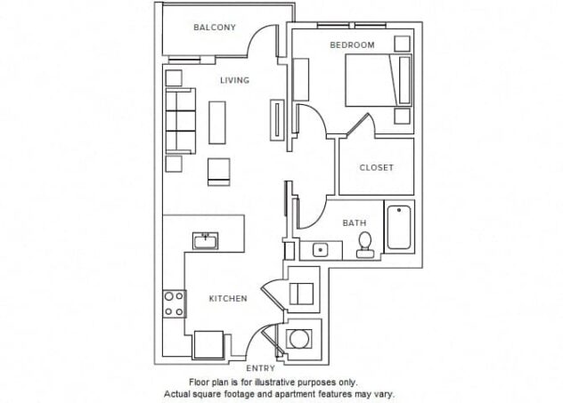 Rendering of the A1 floor plan with 1 bedroom[s] and 1 bathroom[s] at Windsor Parkview