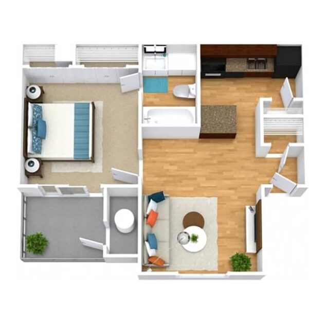 Rendering of the A1 floor plan with 1 bedroom[s] and 1 bathroom[s] at Windsor Peachtree Corners