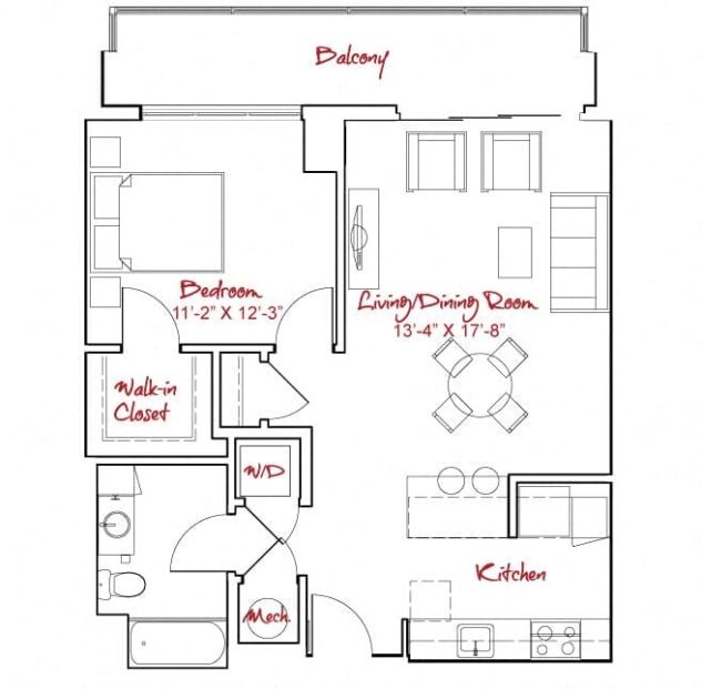 Rendering of the A1 floor plan with 1 bedroom[s] and 1 bathroom[s] at Windsor at Maxwells Green