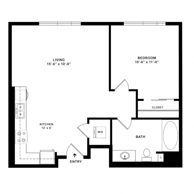 Rendering of the A1 floor plan with 1 bedroom[s] and 1 bathroom[s] at Sunset + Vine