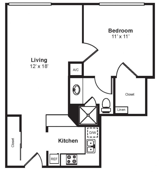 Rendering of the A1 floor plan with 1 bedroom[s] and 1 bathroom[s] at Renaissance Tower