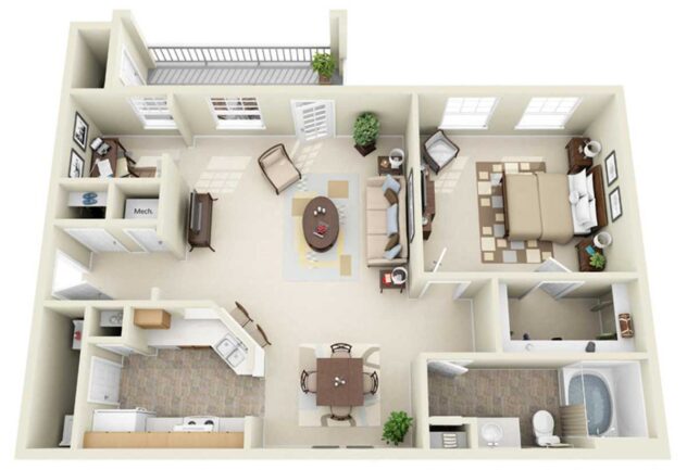 Rendering of the A1 floor plan with 1 bedroom[s] and 1 bathroom[s] at Windsor Johns Creek