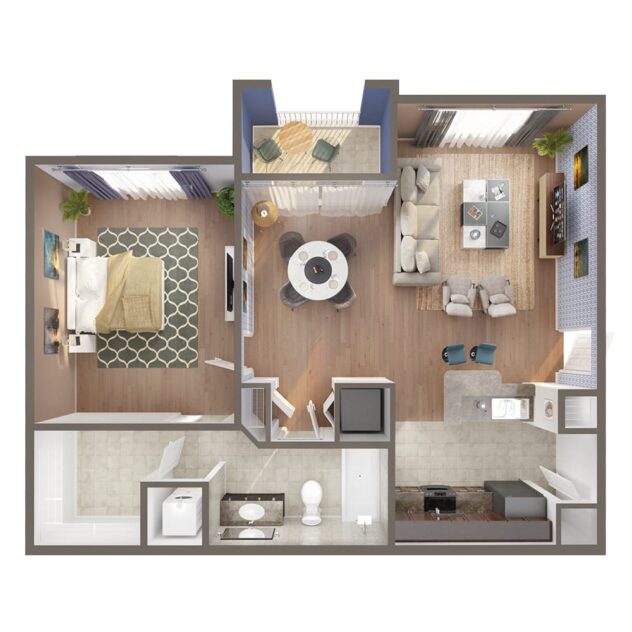 Rendering of the A1 floor plan with 1 bedroom[s] and 1 bathroom[s] at Windsor Biscayne Shores