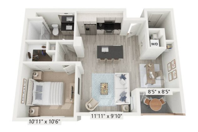 Rendering of the A1 floor plan with 1 bedroom[s] and 1 bathroom[s] at Windsor Rancho PQ