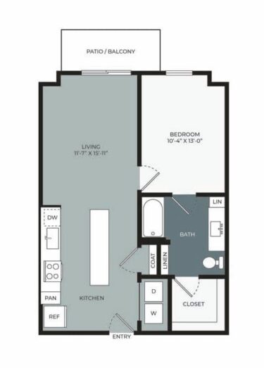 Rendering of the A1 floor plan with 1 bedroom[s] and 1 bathroom[s] at Windsor West Plano