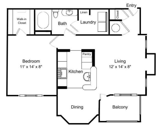 Rendering of the A1 - Adelaide floor plan with 1 bedroom[s] and 1 bathroom[s] at Windsor Vinings