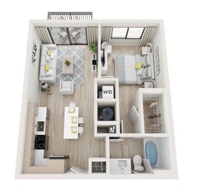 Rendering of the A1 - Elysian floor plan with 1 bedroom[s] and 1 bathroom[s] at Windsor Ludlam Trail