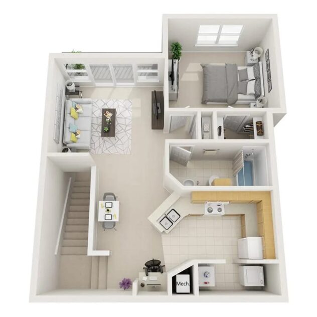 Rendering of the A1 Monet - Attached Garage floor plan with 1 bedroom[s] and 1 bathroom[s] at Windsor Highwoods Preserve