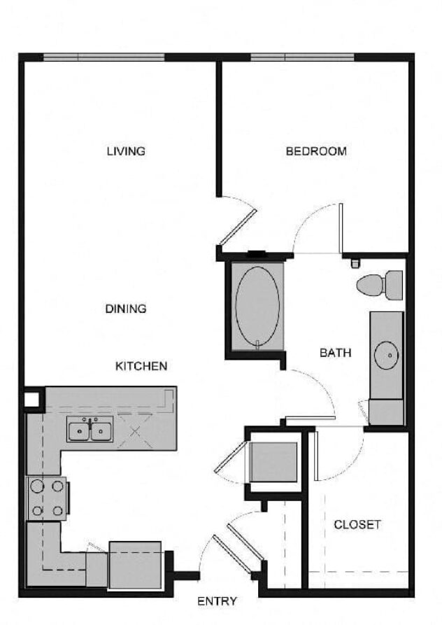 Rendering of the A1 One Bedroom floor plan with 1 bedroom[s] and 1 bathroom[s] at South Park by Windsor