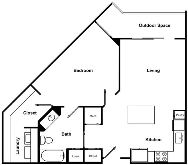 Rendering of the A1 - The Aria floor plan with 1 bedroom[s] and 1 bathroom[s] at Windsor Encore