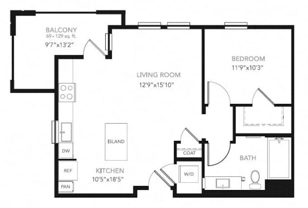 Rendering of the A1-W floor plan with 1 bedroom[s] and 1 bathroom[s] at Blu Harbor by Windsor