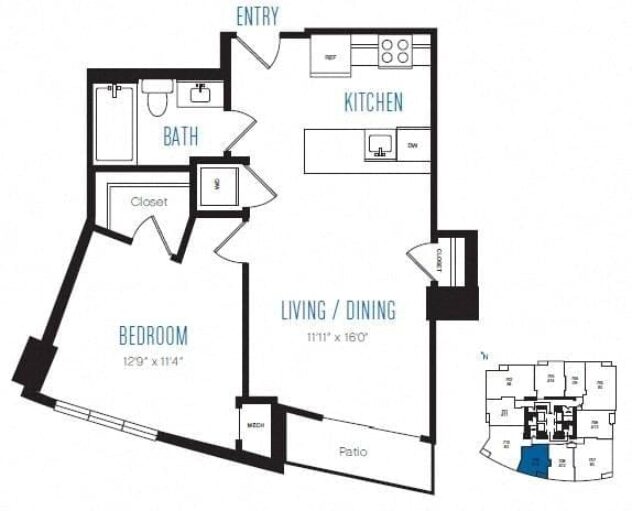 Rendering of the A10 floor plan with 1 bedroom[s] and 1 bathroom[s] at Stratus