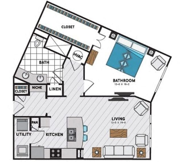 Rendering of the A10 floor plan with 1 bedroom[s] and 1 bathroom[s] at Windsor Chastain