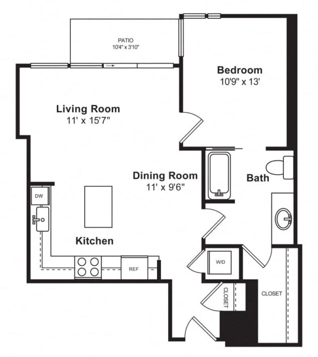 Rendering of the A10 floor plan with 1 bedroom[s] and 1 bathroom[s] at Cirrus