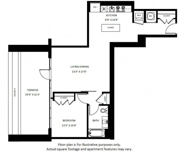 Rendering of the A10 floor plan with 1 bedroom[s] and 1 bathroom[s] at Windsor Bethesda