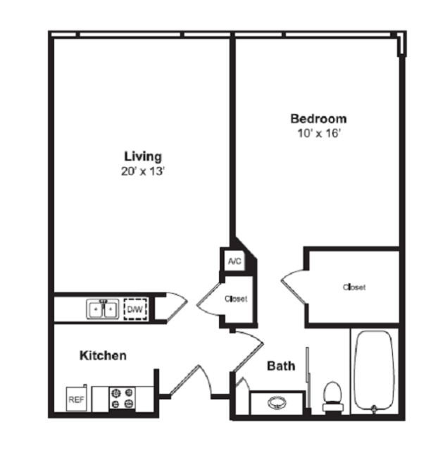 Rendering of the A10 floor plan with 1 bedroom[s] and 1 bathroom[s] at Renaissance Tower