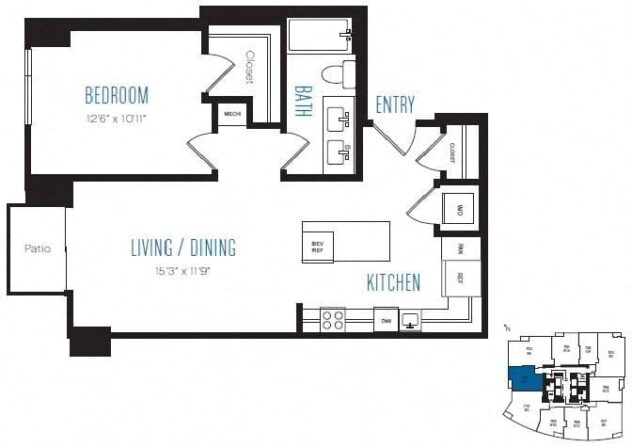 Rendering of the A11 floor plan with 1 bedroom[s] and 1 bathroom[s] at Stratus